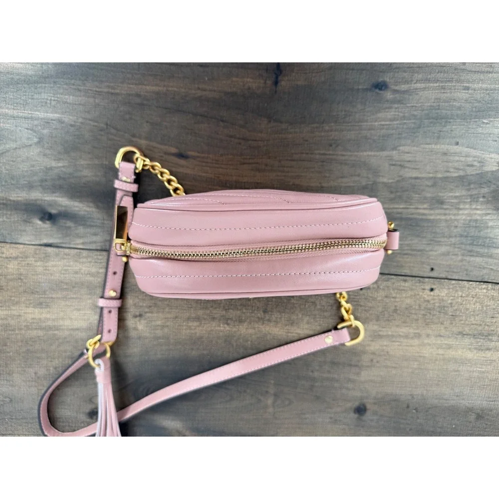 Tory Burch Kira Chevron Small Camera Bag Pink Moon Quilted Leather Crossbody